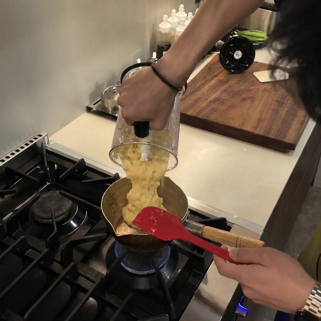 Vertiendo un puré batido suave de color amarillo pálido desde el vaso de la licuadora a una pequeña cacerola metálica en una estufa de gas.