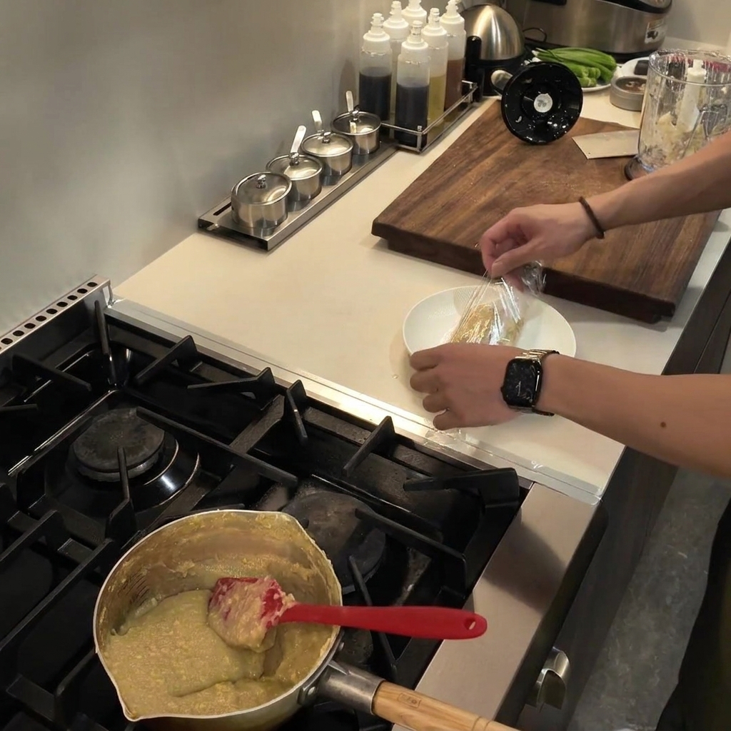 Manos dando forma y envolviendo firmemente un bloque de fufu recién cocinado en film plástico transparente sobre un plato blanco.