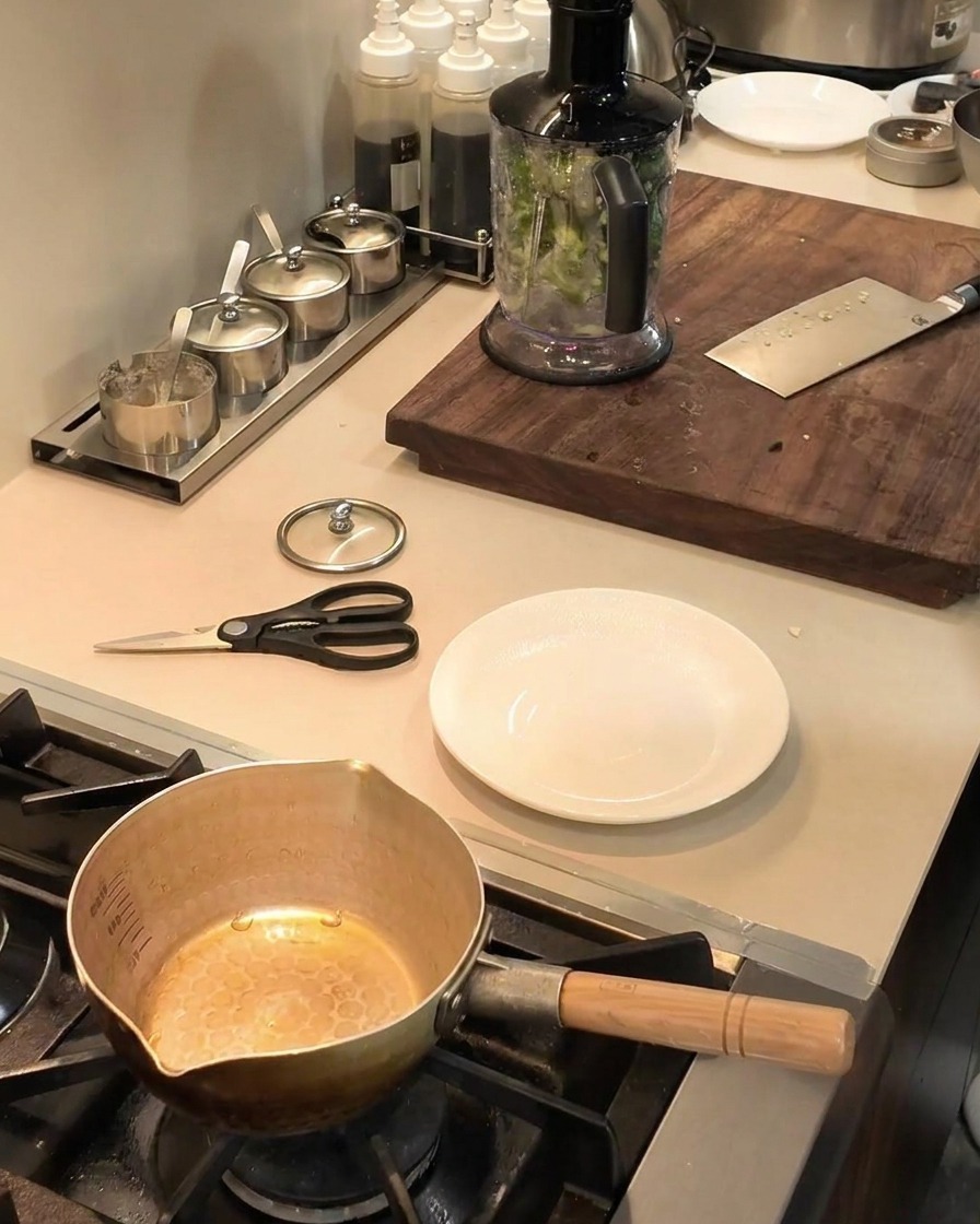 Un procesador de alimentos lleno de okra verde picada sobre la encimera de una cocina, listo para ser accionado por pulsos.