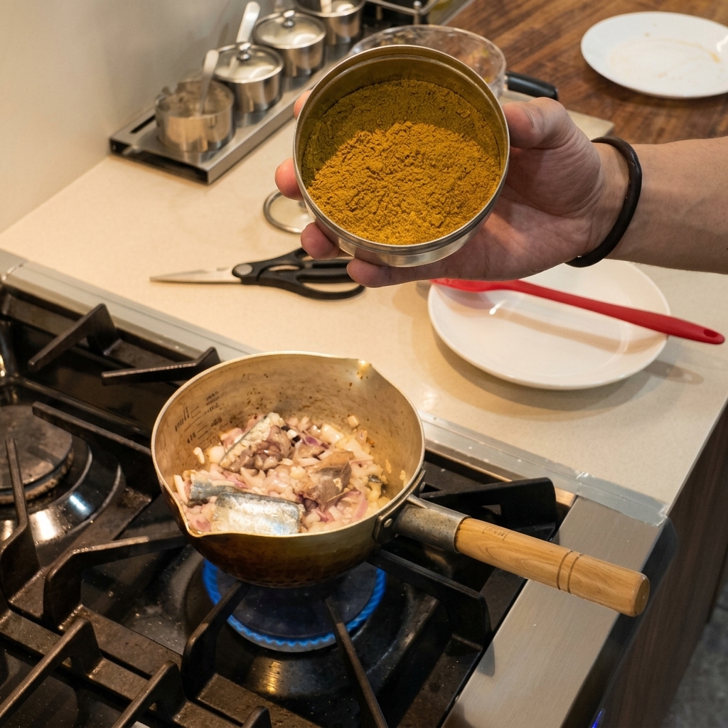 Una mano sosteniendo un cuenco con especias en polvo de masala de pescado amarillo sobre una olla de cocina llena de pescado y cebollas.