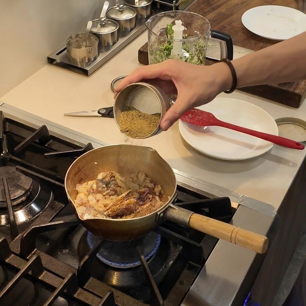Agua siendo vertida desde un pequeño recipiente de metal en una olla de cocina con pescado sazonado y cebollas.