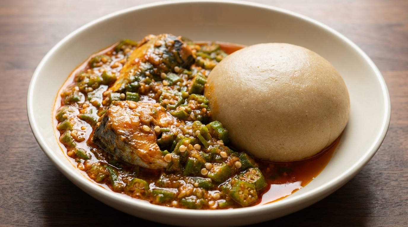 Fufu africano con sopa de okra y pescado