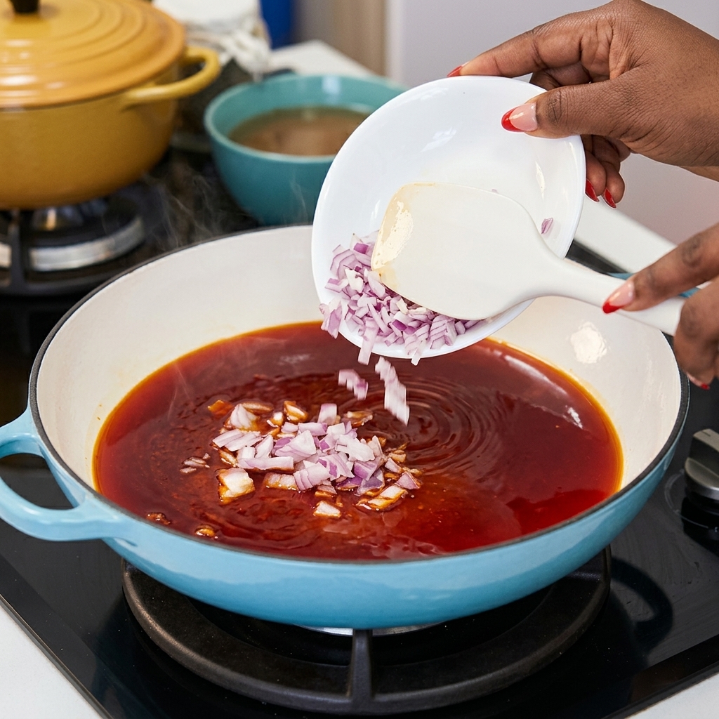 Cebollas rojas en daditos siendo añadidas desde un plato blanco a una sartén llena de vibrante aceite de chile rojo.