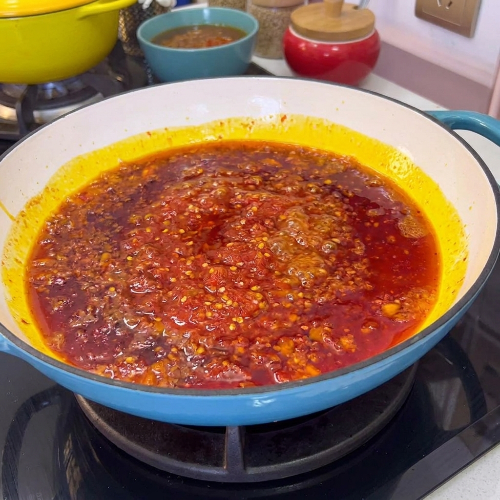 Salsa de chile rojo cociéndose a fuego lento y burbujeando en una sartén con aceite y cebollas.