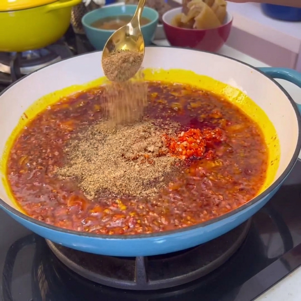 Una cucharada de especias en polvo siendo espolvoreada sobre salsa de chile rojo burbujeante en una sartén.