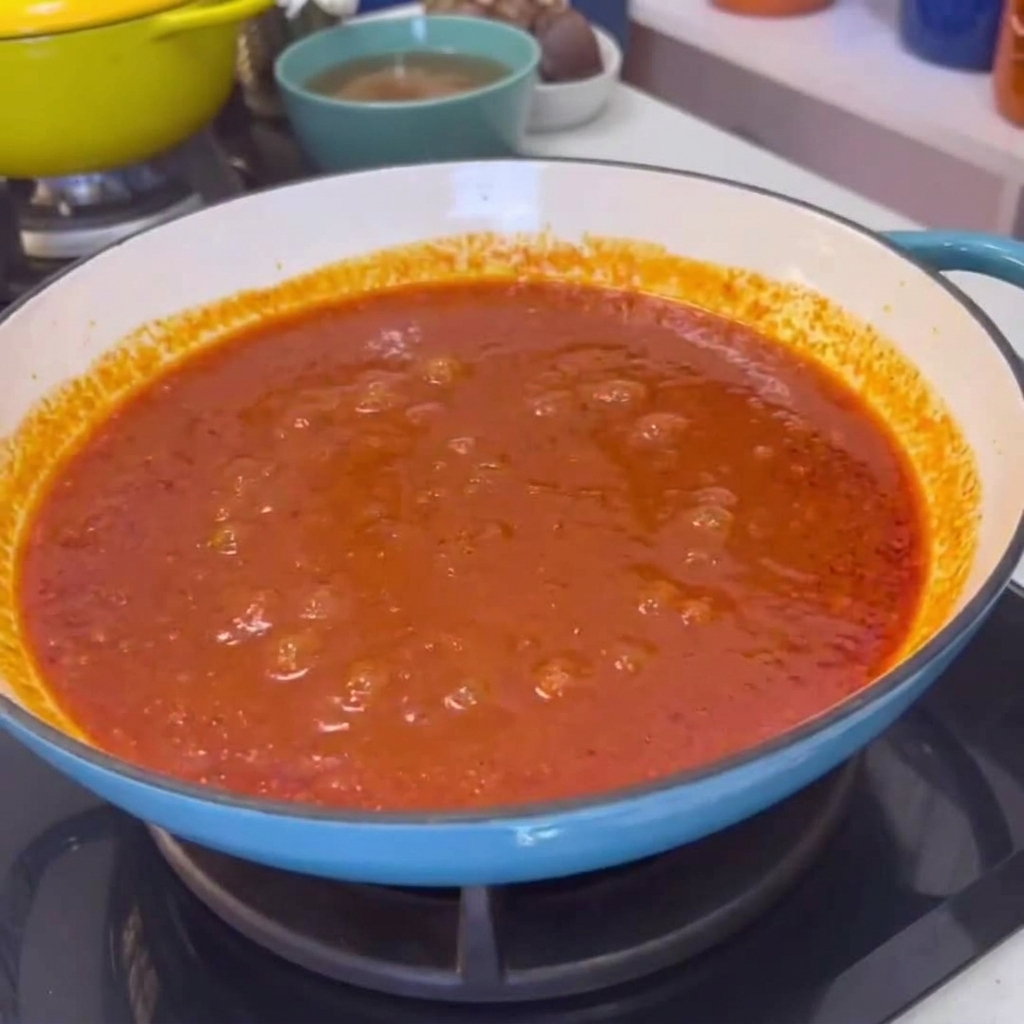 Un plato grande de cuero de cerdo cocido siendo vertido y mezclado en una vibrante salsa de chile rojo dentro de una olla azul.
