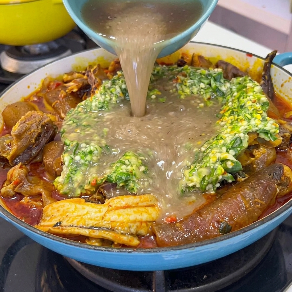 Caldo de huesos de res de color marrón intenso siendo vertido desde un tazón hacia una olla de cocción grande que contiene okra y carnes.