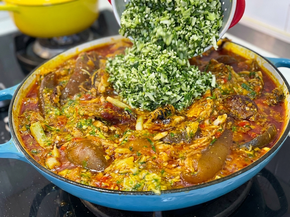 Más okra verde picada siendo agregada a una olla de sopa desbordante y mezclada cuidadosamente con una espátula.