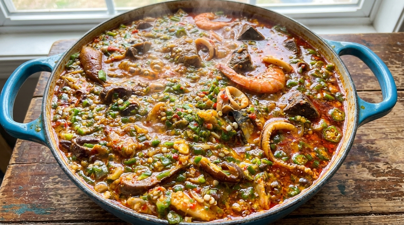 Estofado Picante de Okra y Mariscos Estilo Sichuan