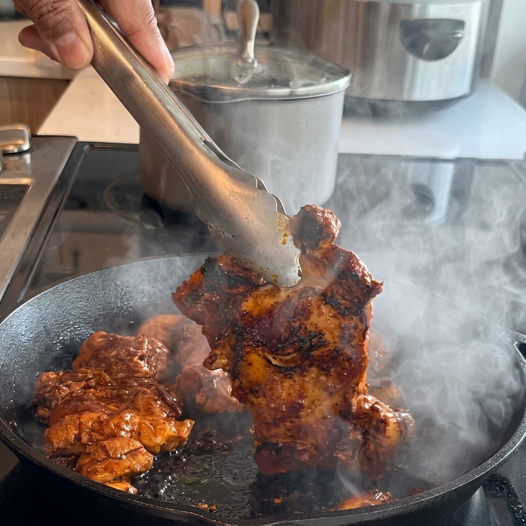 Pinzas levantando y volteando un muslo de pollo muy dorado y sellado en una sartén negra humeante.