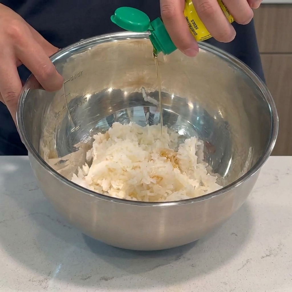 Un chorrito de aceite vertido de una botella con tapa verde sobre arroz blanco cocido dentro de un gran tazón de acero inoxidable.
