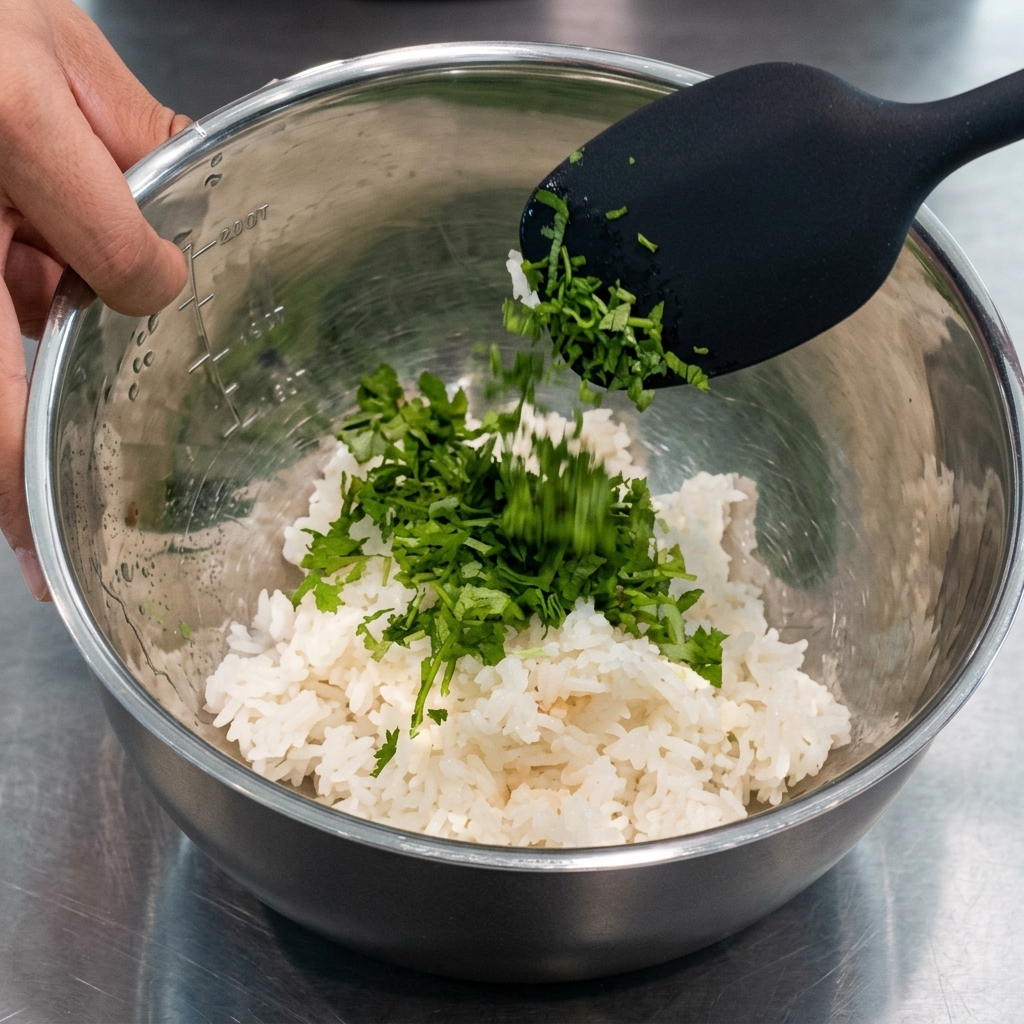 Cilantro fresco picado cayendo de una espátula negra sobre arroz blanco condimentado en un tazón de metal.