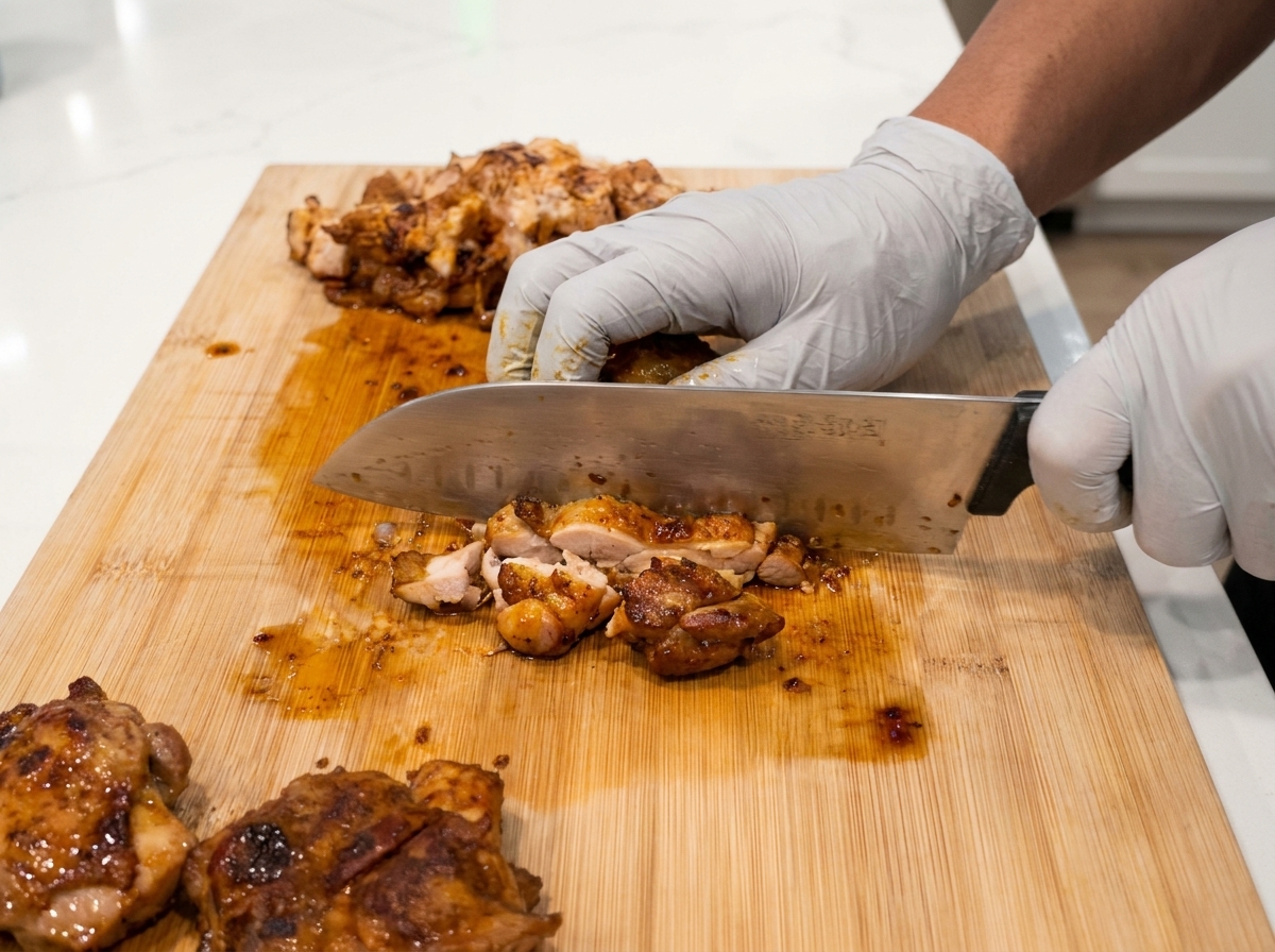 Manos enguantadas usando un cuchillo de chef grande para cortar muslos de pollo cocidos y dorados en trozos del tamaño de un bocado sobre una tabla de cortar de madera.