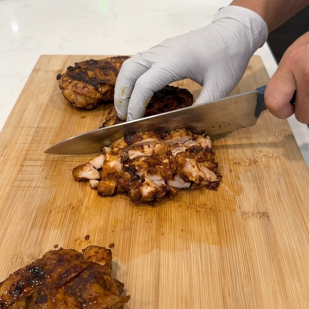 Salsa oscura de miel y adobo vertiéndose sobre el pollo cocido en cubitos en un tazón de acero inoxidable.
