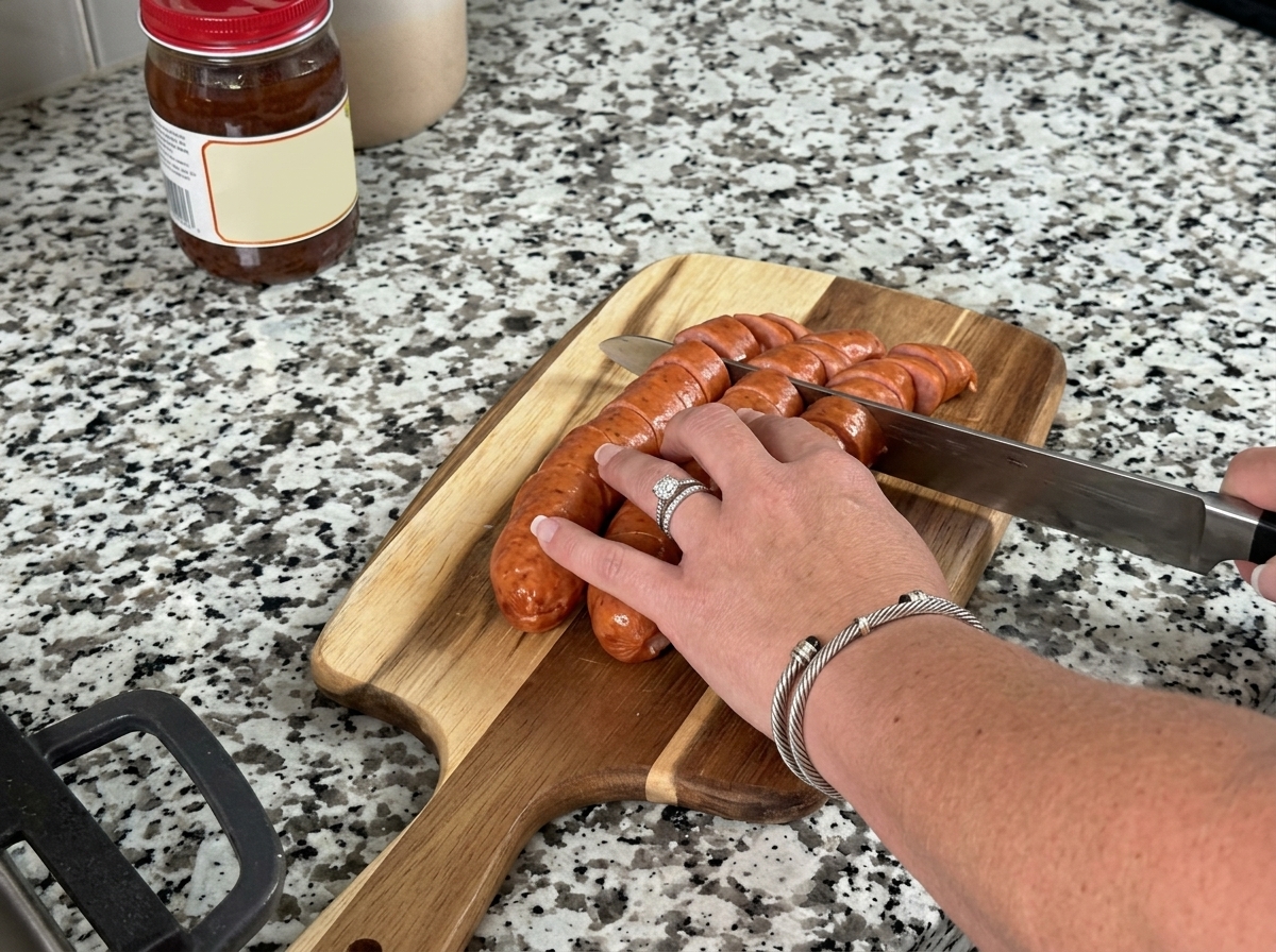Rodajas de salchicha andouille cortándose en una tabla de cortar de madera con un cuchillo.cite: 1