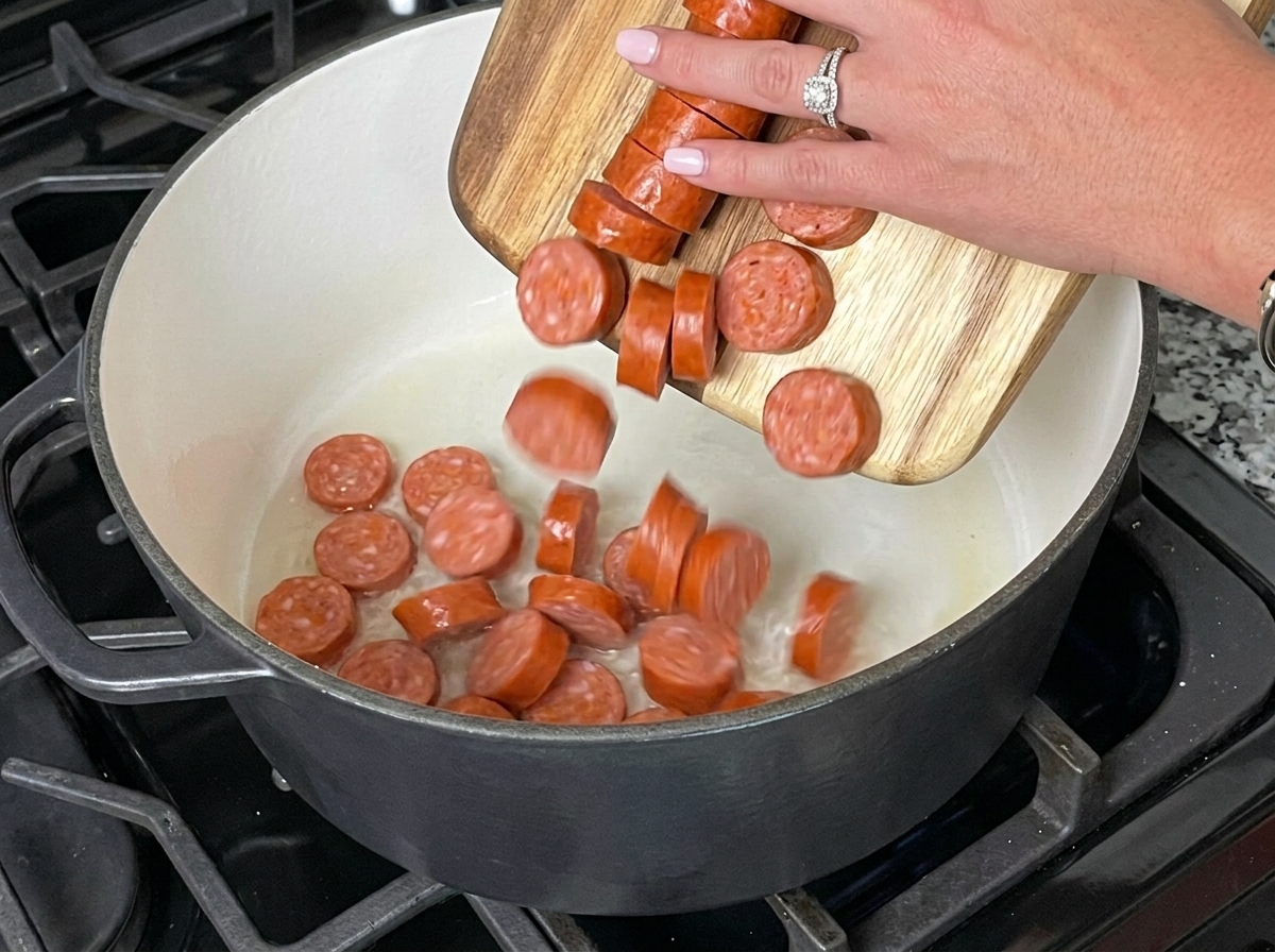 Rodajas de salchicha andouille vertiéndose desde una tabla de madera en una olla caliente con grasa derretida.cite: 1
