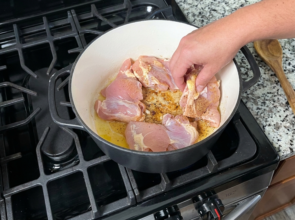 Muslos de pollo crudos condimentados, sin hueso ni piel, colocándose en una olla para dorar.cite: 1