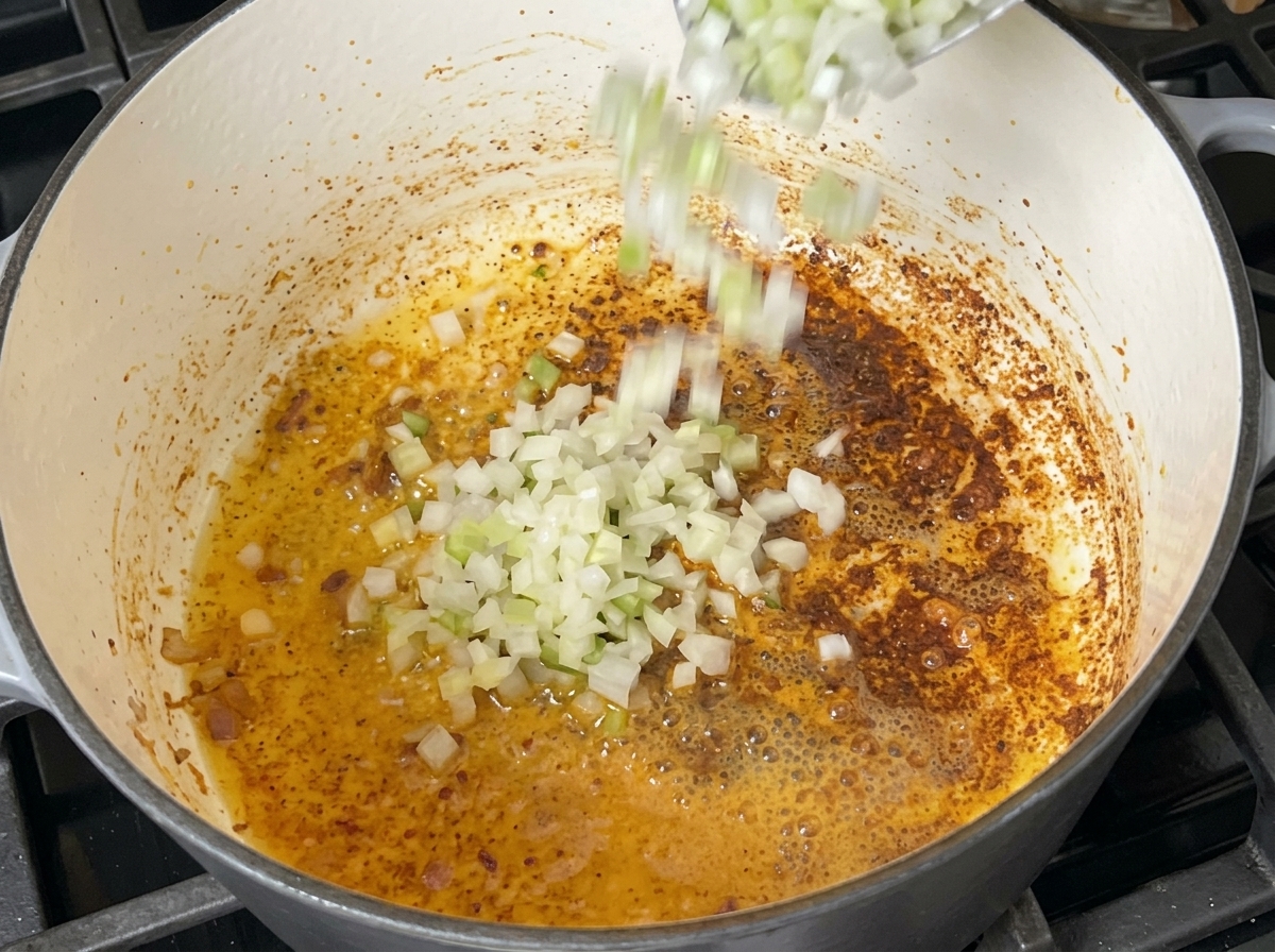Cebollas, apio y pimientos picados añadiéndose a una olla con trocitos dorados en el fondo.cite: 1