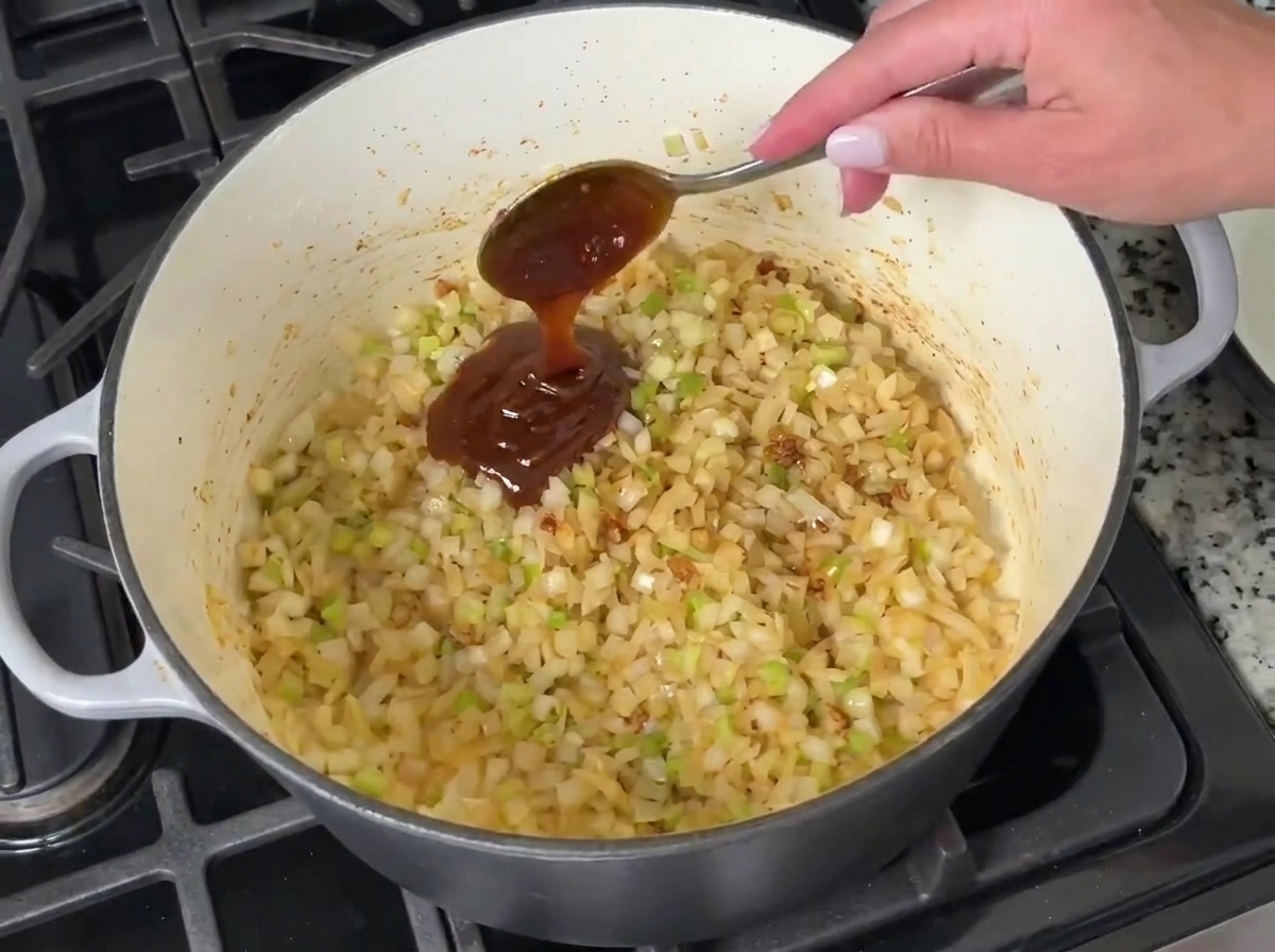 Una cucharada de roux oscuro en frasco mezclándose con verduras picadas cocidas en una olla.cite: 1