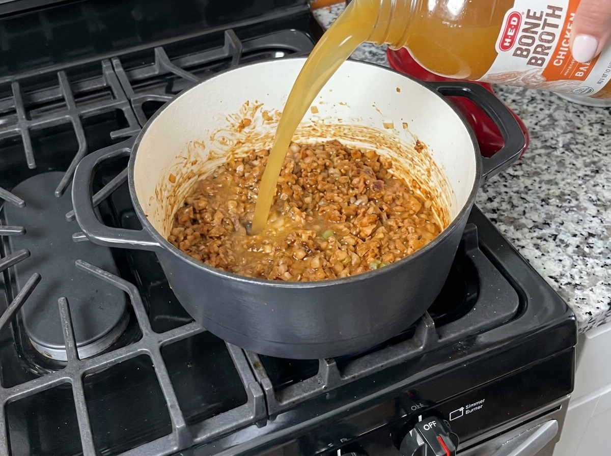 Caldo de huesos de pollo vertiéndose desde una botella en una olla que contiene un roux oscuro y una mezcla de verduras.cite: 1