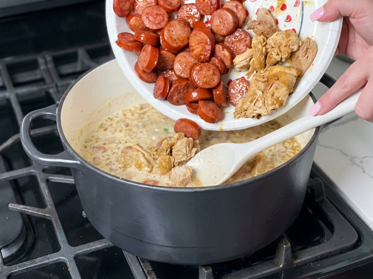 Piezas de pollo dorado y rodajas de salchicha vertiéndose desde un plato de cartón en una olla de gumbo.cite: 1