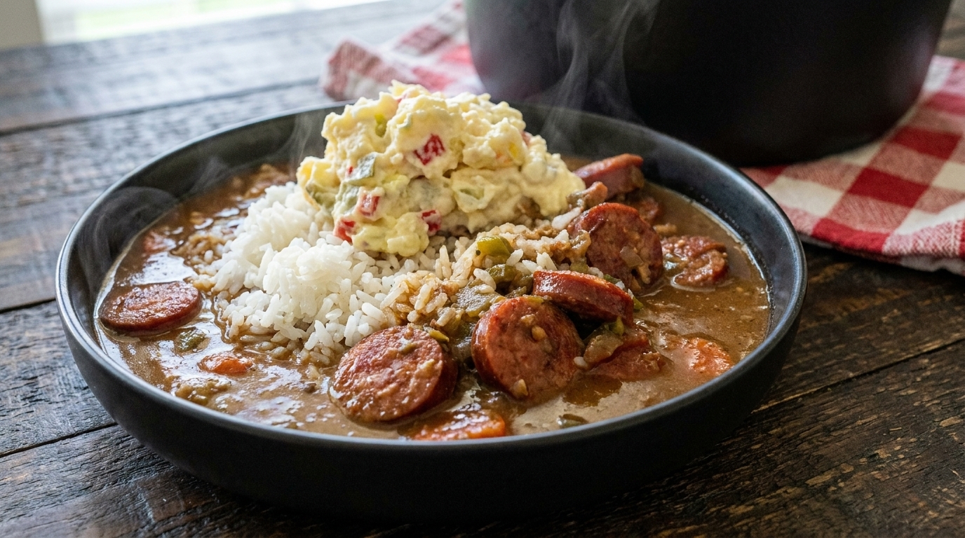 Un suculento tazón de gumbo oscuro de pollo y salchicha servido sobre arroz blanco, coronado con una cucharada de ensalada de papa y decorado con rodajas de salchicha andouillecite: 1.