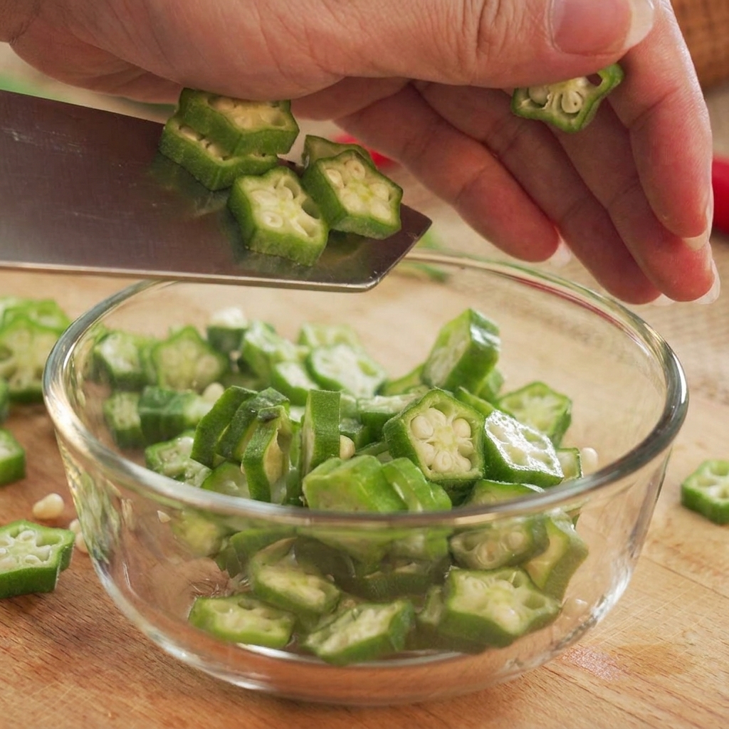 Rodajas de okra en forma de estrella siendo trasladadas desde la hoja de un cuchillo a un bol de vidrio transparente.