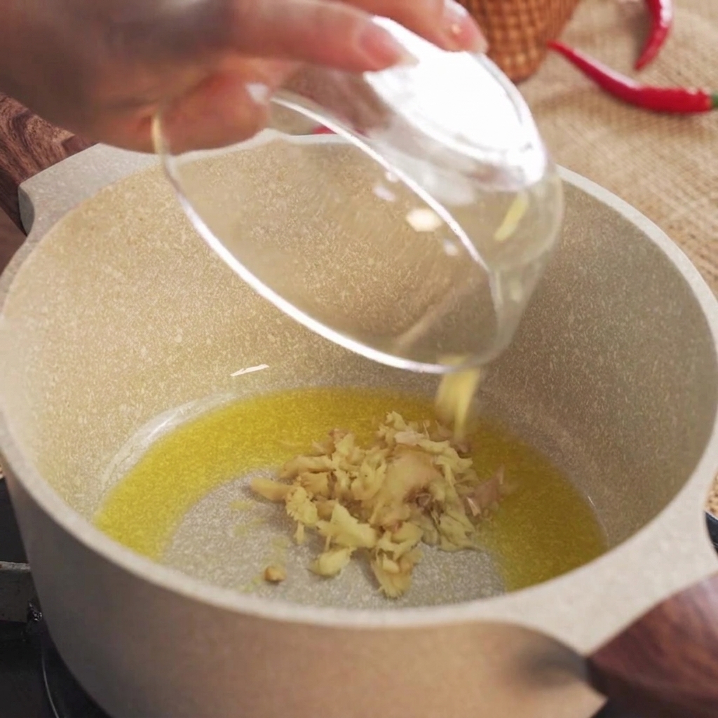 Jengibre picado siendo añadido al aceite de cocina caliente dentro de una olla de cerámica.
