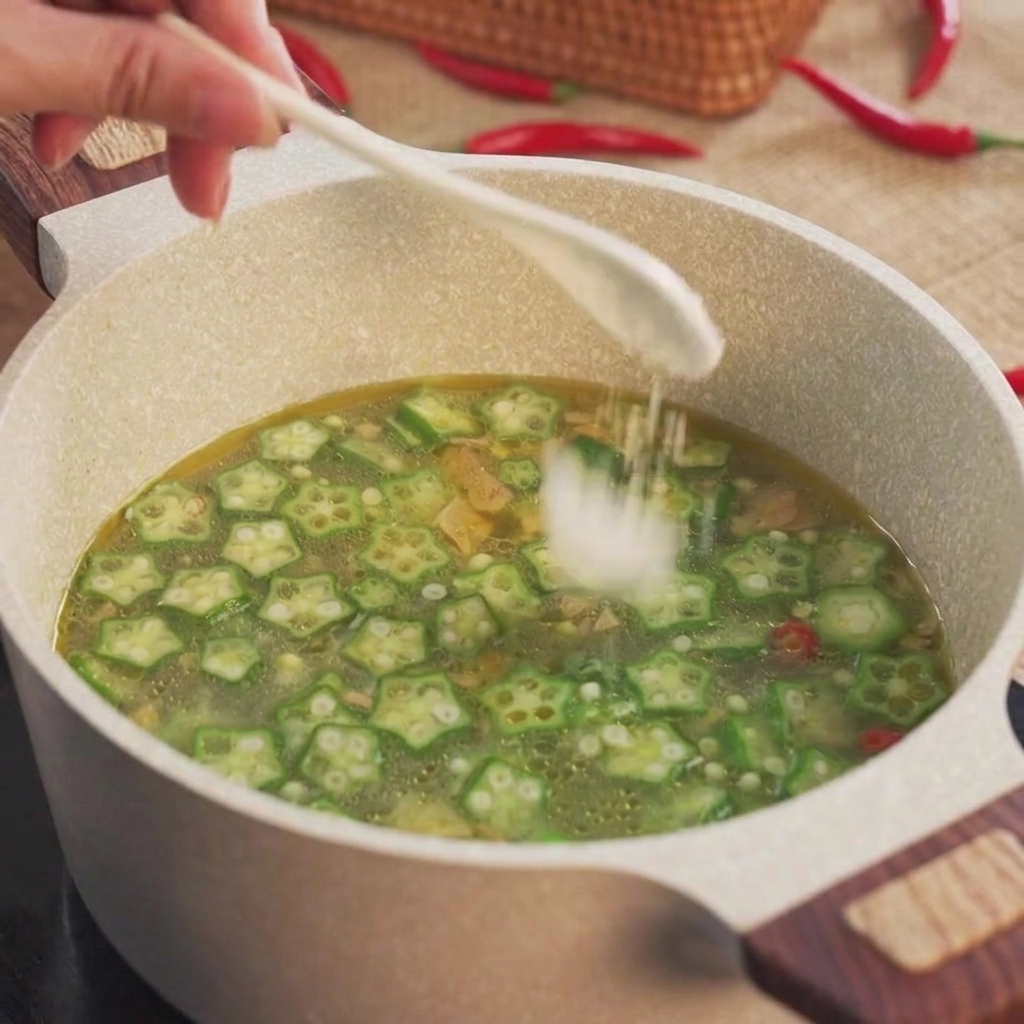 Una cuchara blanca esparciendo sal en una olla llena de pollo, rodajas de okra en forma de estrella y caldo hirviendo a fuego lento.