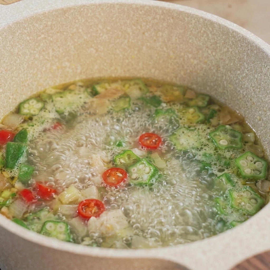 Una sopa vibrante hirviendo vigorosamente en una olla con rodajas de okra de verde brillante, chiles rojos y pollo cocido.