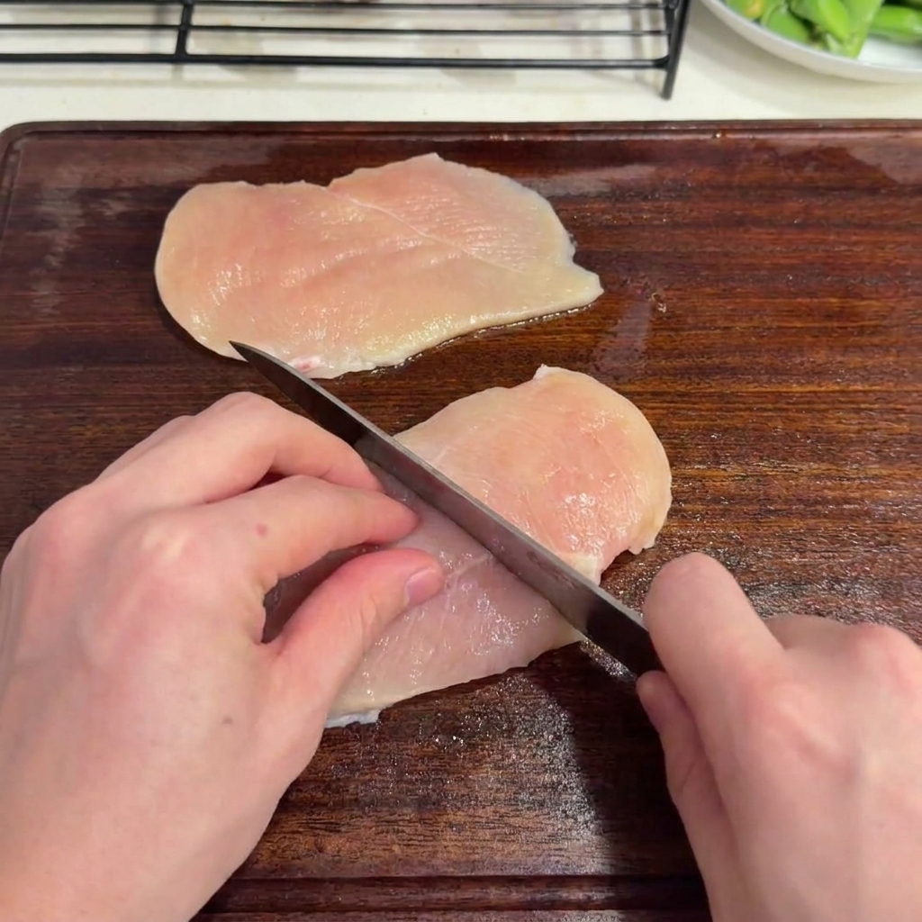 Un cuchillo cortando pechuga de pollo cruda en cubos sobre una tabla de madera.