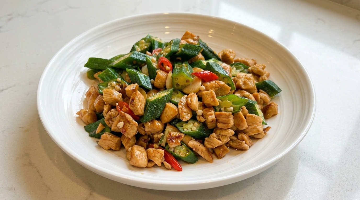 Un plato blanco servido con dados de pechuga de pollo salteados, rodajas diagonales de okra verde, ajo picado y aros de chile rojo.