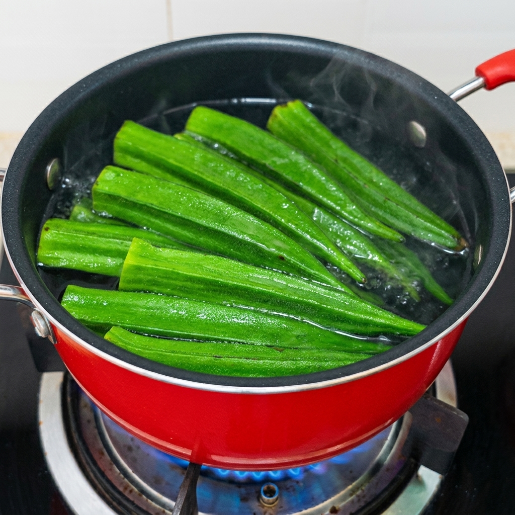 Vainas de okra verde hirviendo vigorosamente en una olla roja con agua sazonada.
