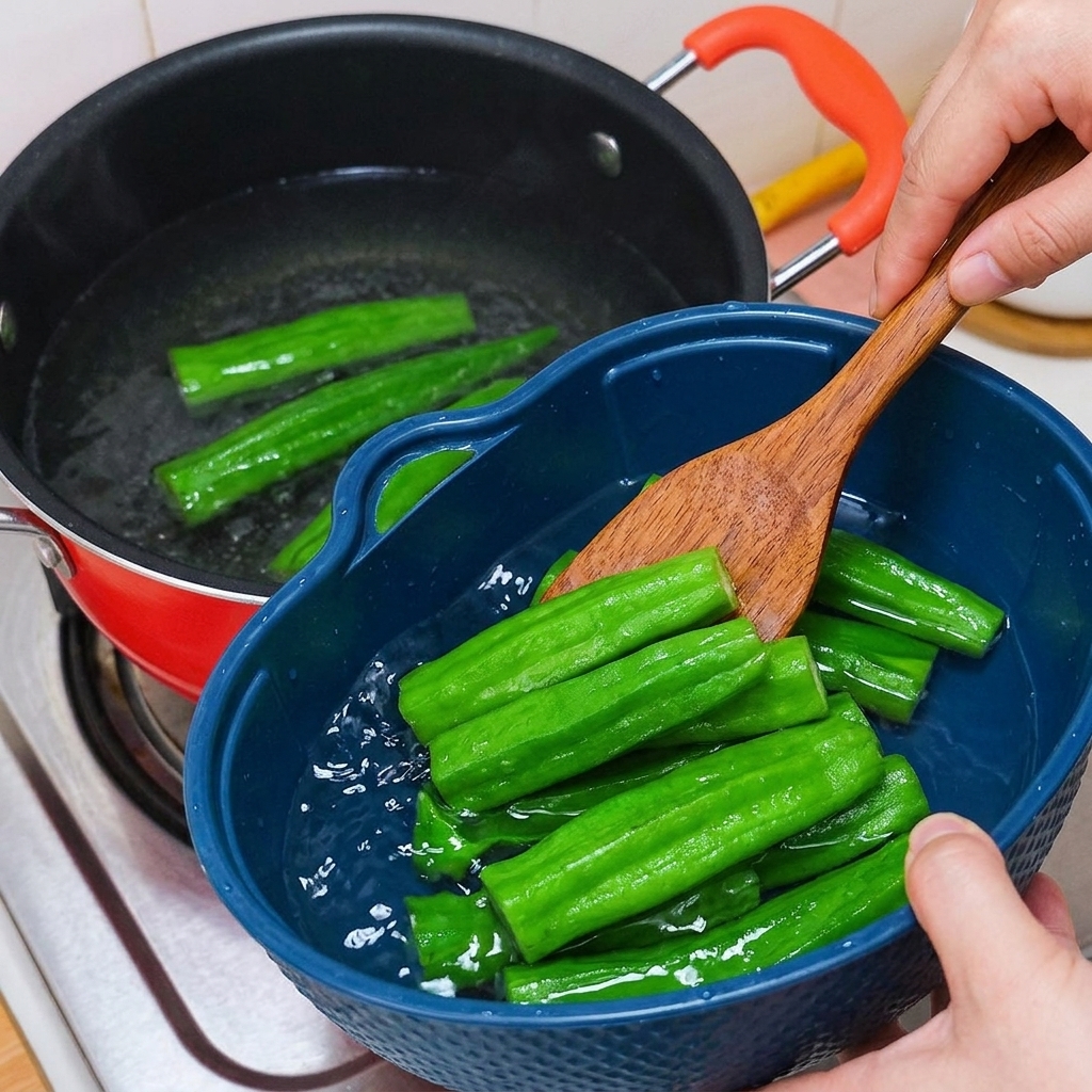 Okra hervida sacándose de una olla caliente y colocándose en un colador azul lleno de agua con hielo.