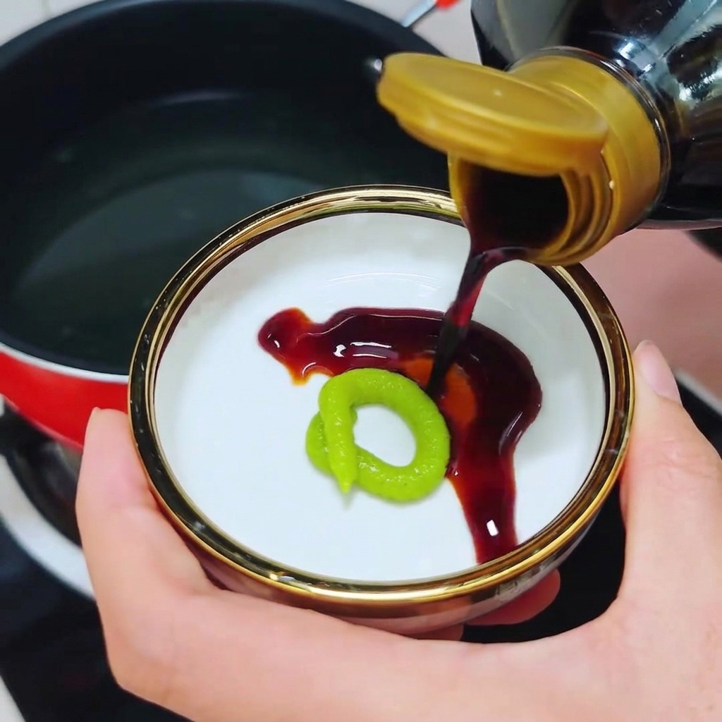 Salsa de soja oscura fluyendo de una botella a un pequeño platillo junto a un anillo verde de wasabi.