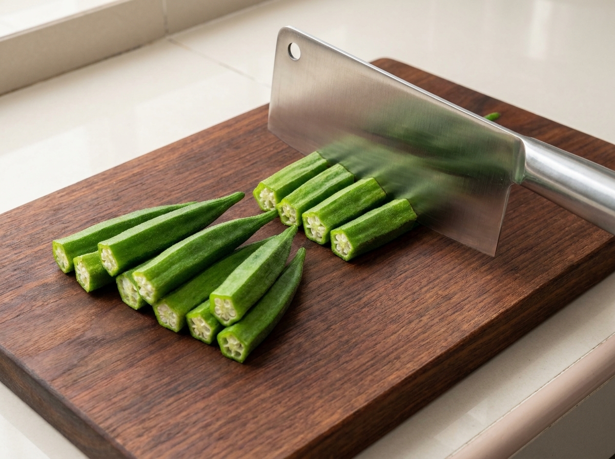Vainas de okra frías cortándose en segmentos del tamaño de un bocado con un cuchillo de carnicero en una tabla de cortar de madera.