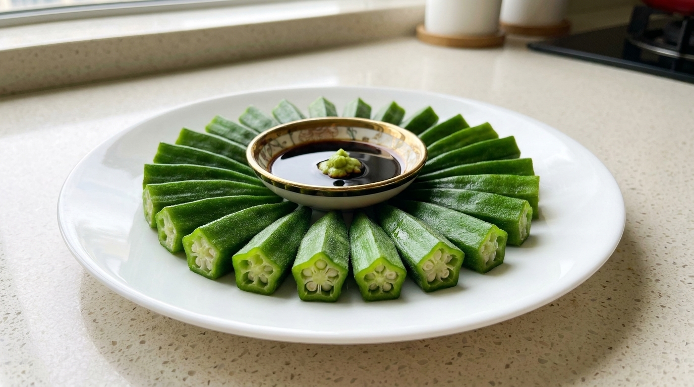 Okra Blanqueada con Salsa de Soja y Wasabi