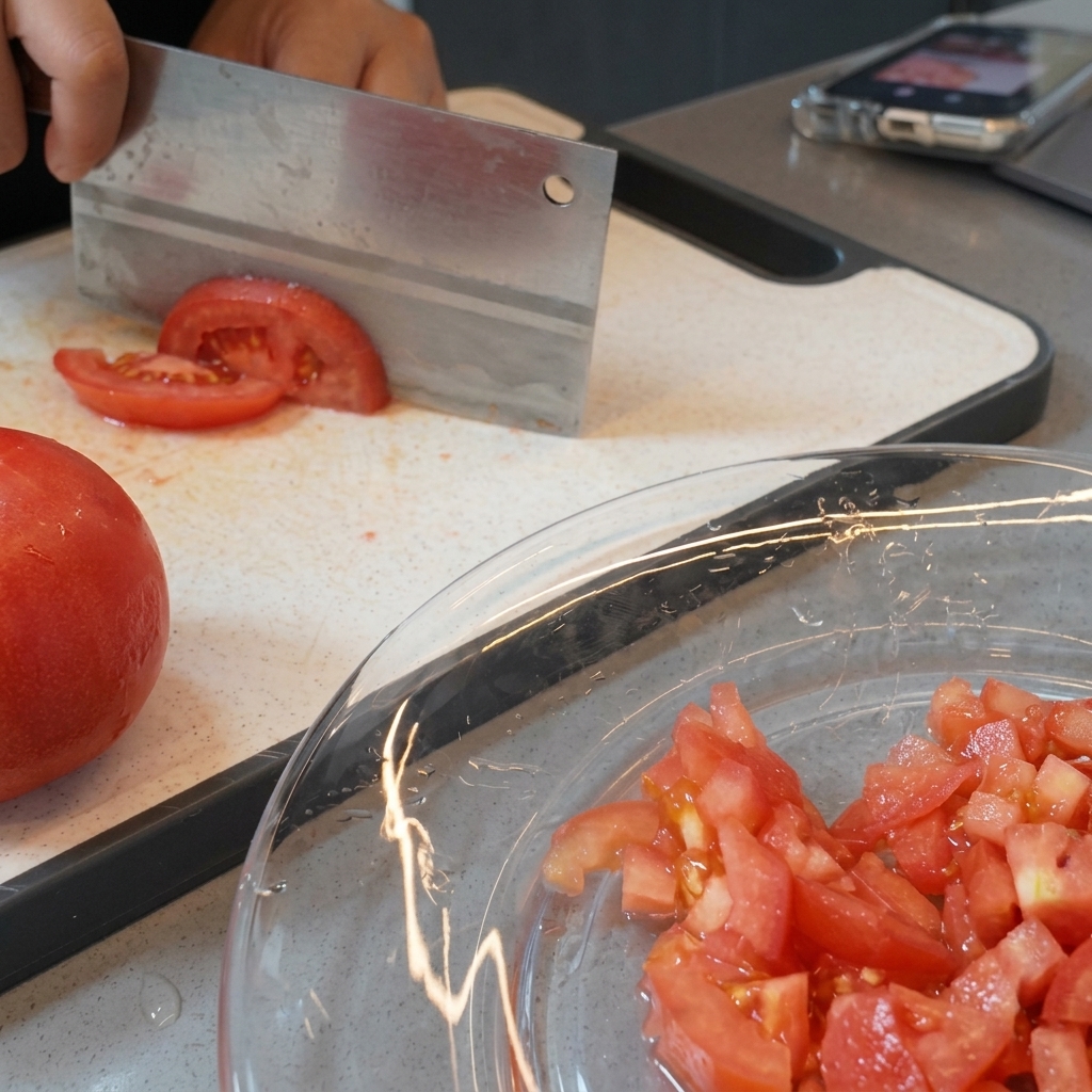 Tomates escaldados siendo cortados en trozos pequeños sobre una tabla de cortar con un cuchillo de carnicero.