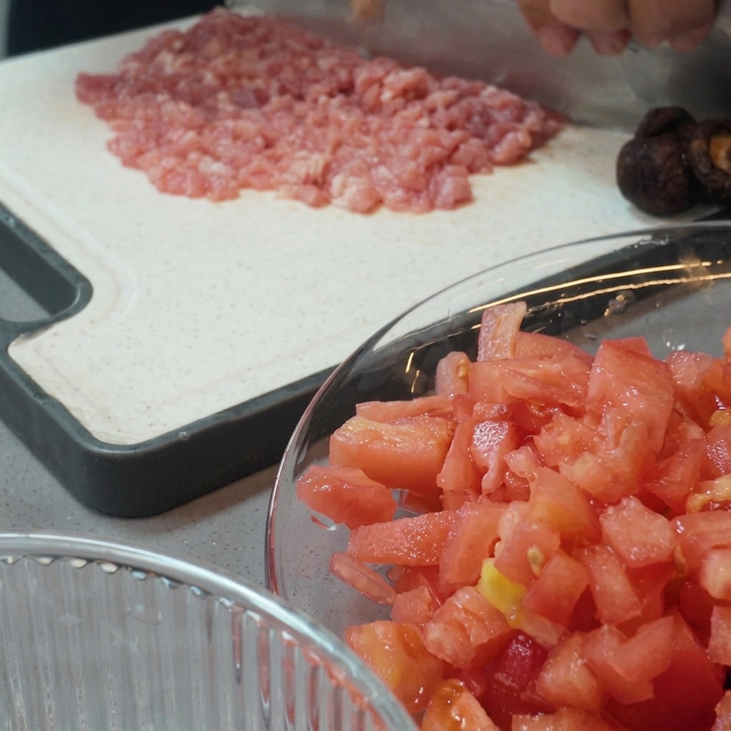 Carne siendo cortada finamente sobre una tabla de cortar con un cuchillo de carnicero.