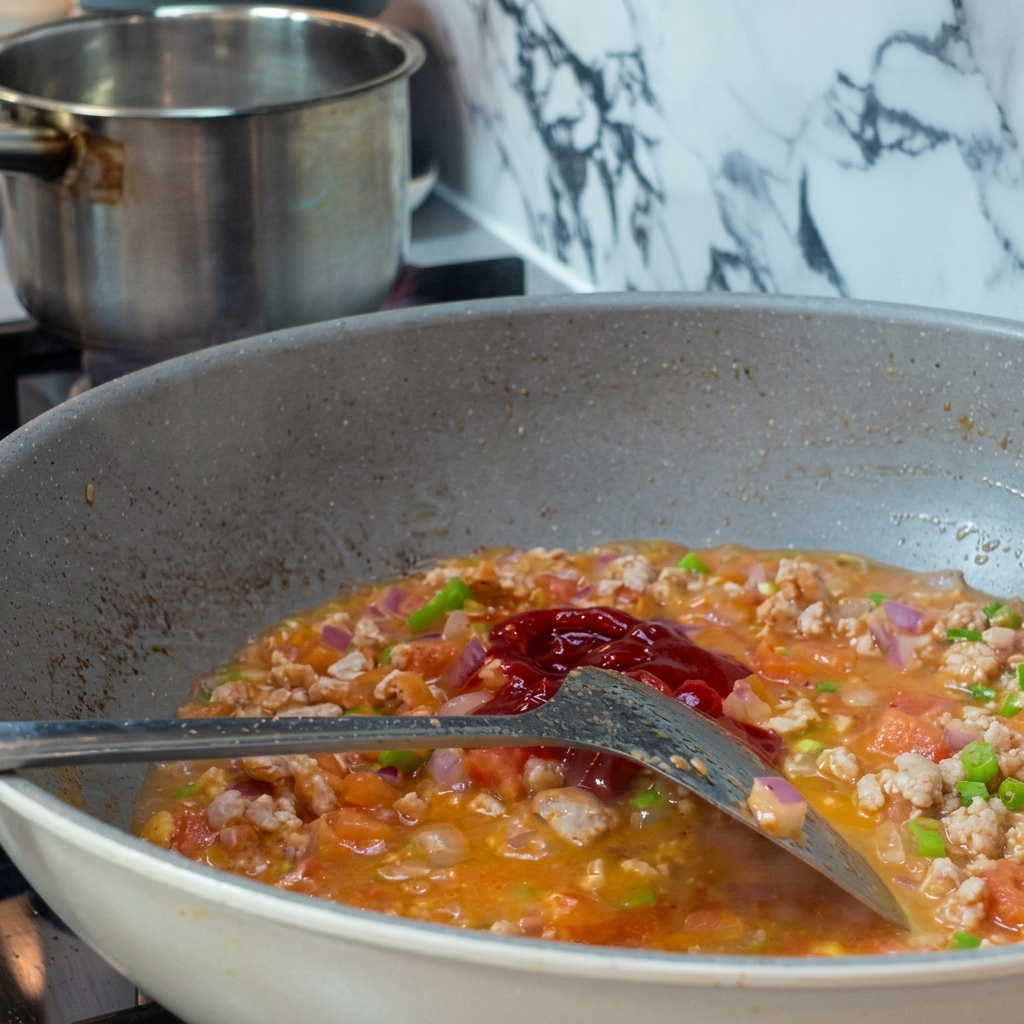 Una cucharada de pasta de tomate espesa y roja siendo añadida a la mezcla de la sartén con una espátula.