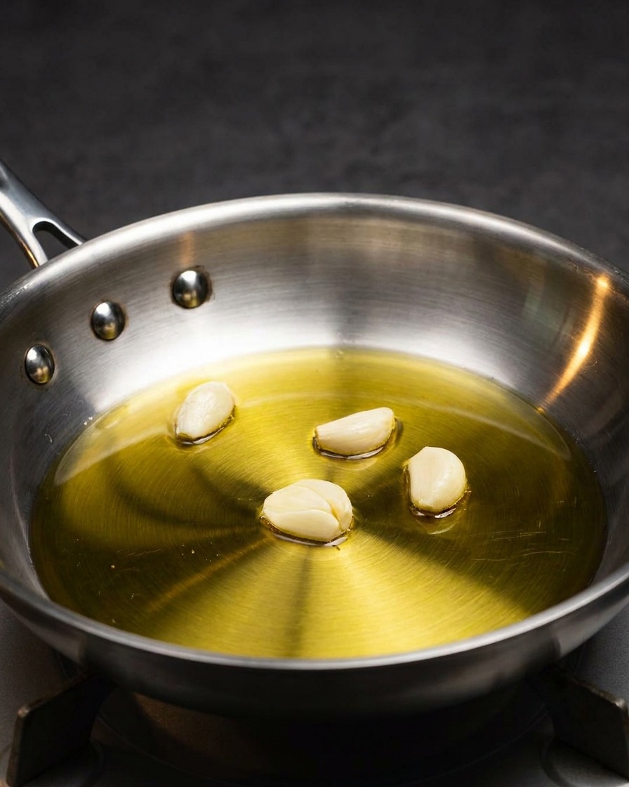 Dientes de ajo crudos reposando en una sartén de acero inoxidable recubierta con aceite de oliva.