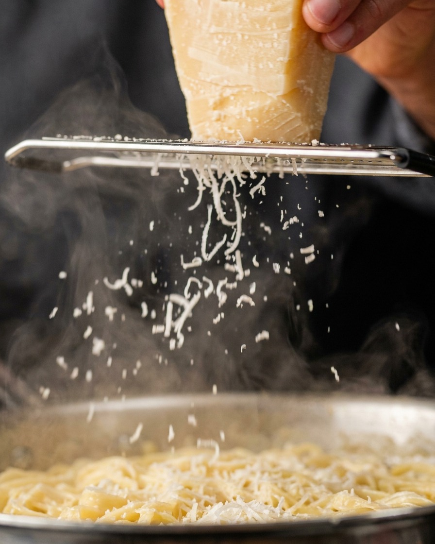 Queso recién rallado cayendo desde un rallador de metal manual hacia una salsa cremosa a fuego lento.