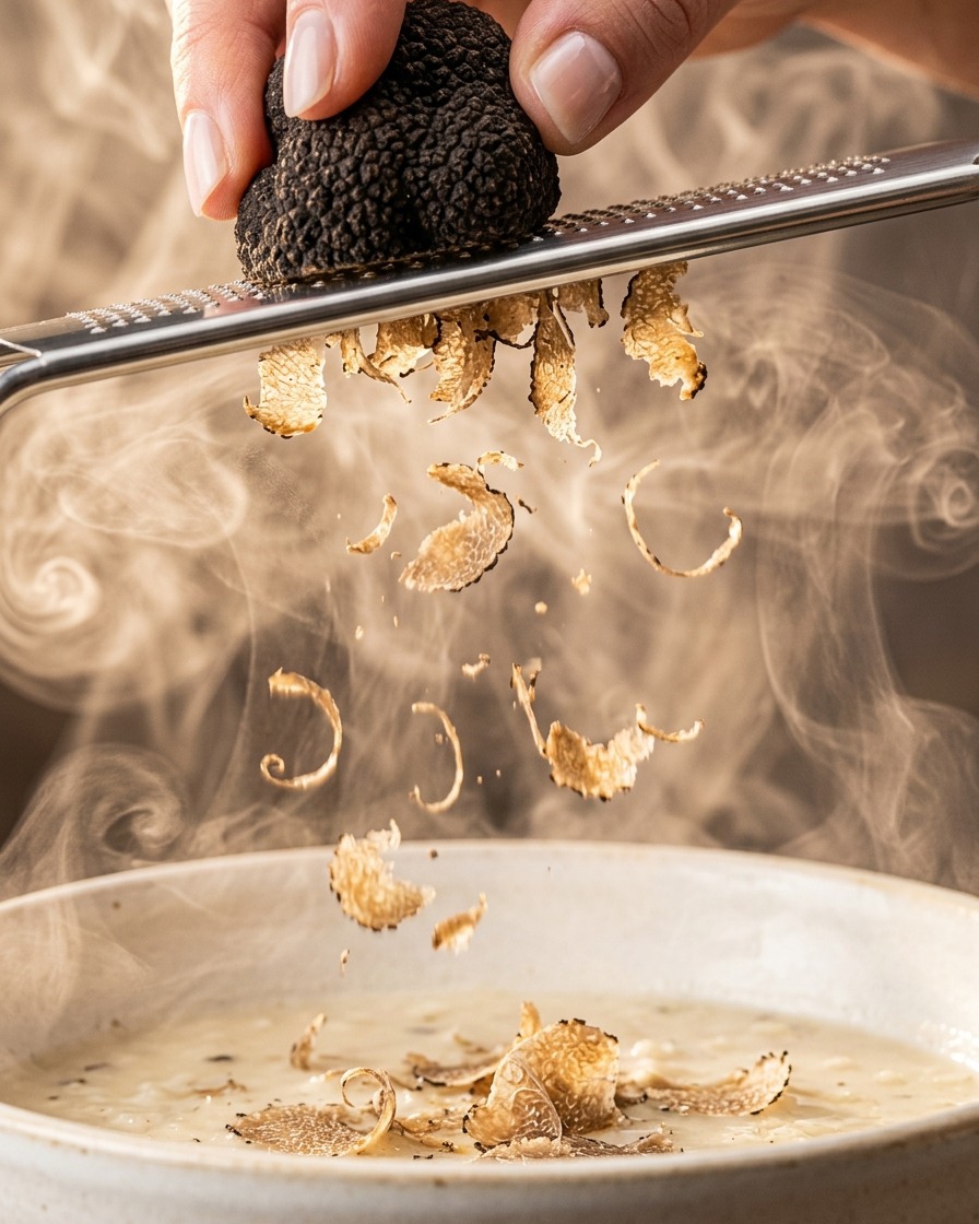 Finas lascas de trufa negra fresca cayendo de un rallador en un tazón de salsa cremosa.