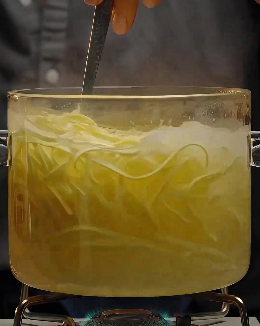 Hebras de pasta larga cocinándose y siendo revueltas dentro de una olla de vidrio con agua hirviendo.