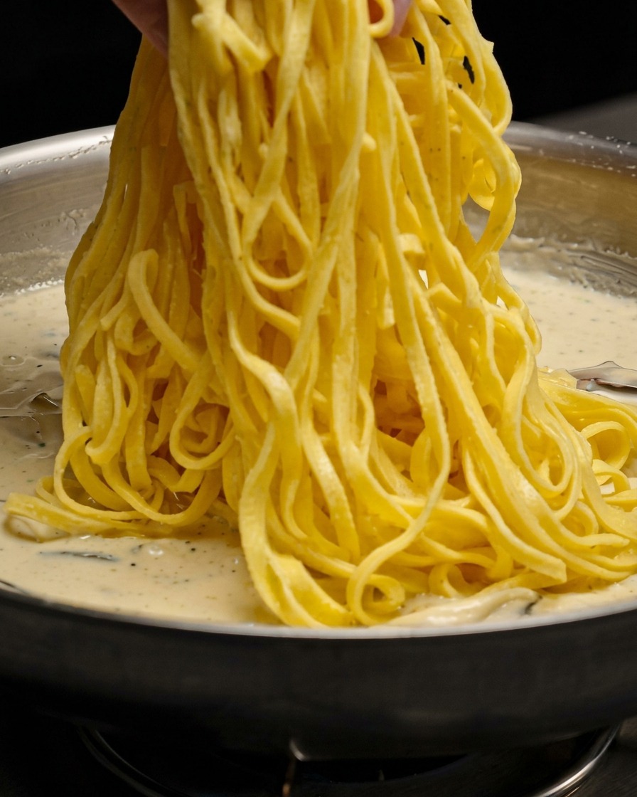 Un manojo de pasta amarilla siendo levantado y mezclado en una salsa cremosa de sartén llena de champiñones.