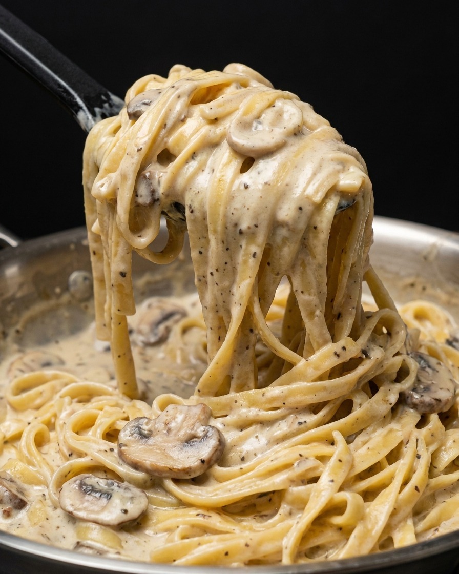 Pinzas de cocina negras levantando una porción enrollada de pasta cremosa con champiñones fuera de la sartén.