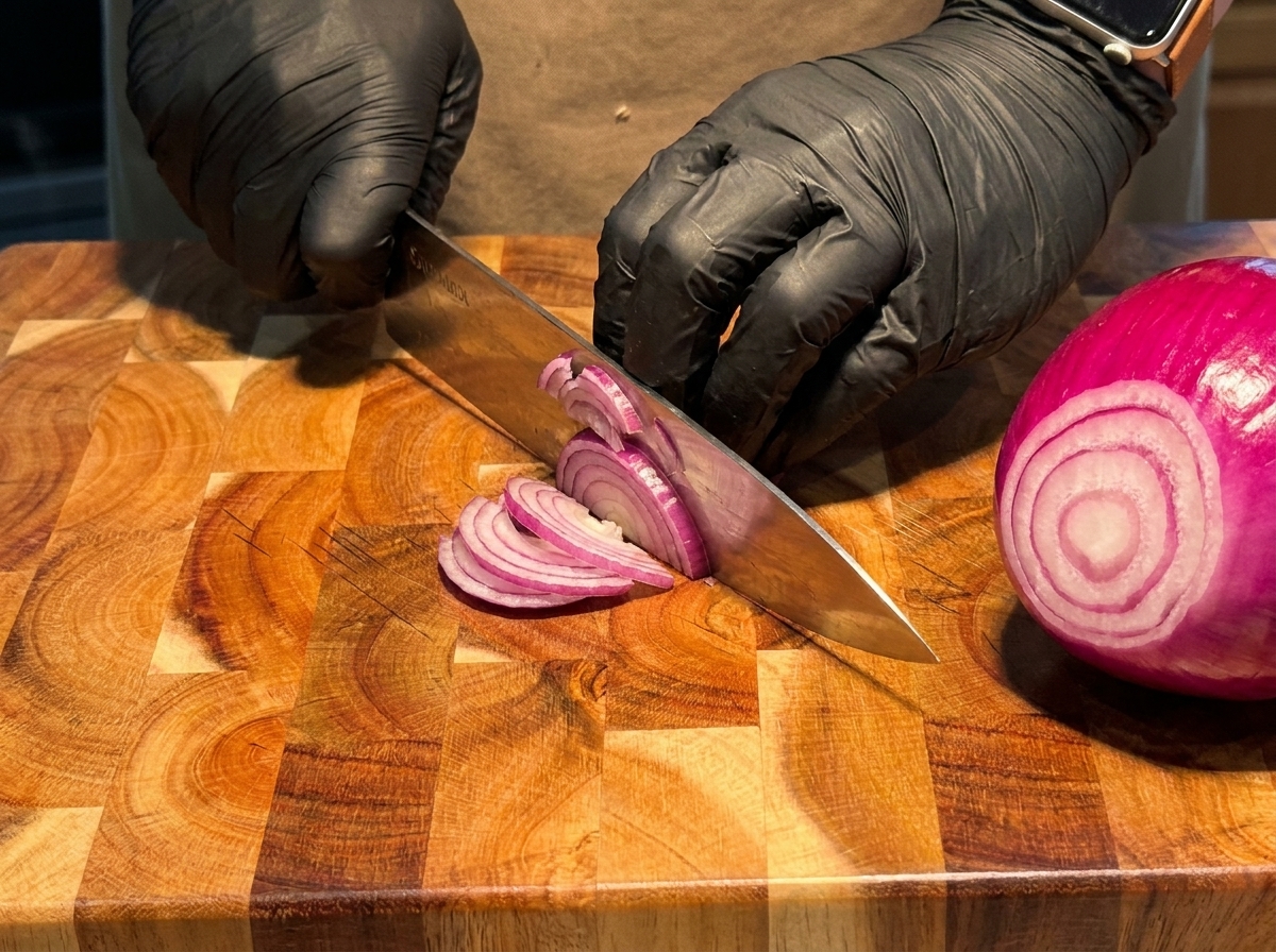 Un cuchillo cortando una cebolla morada en una tabla de cortar de madera junto a una cebolla partida por la mitad.