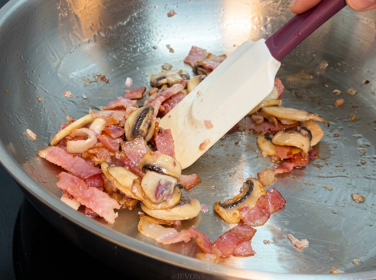 Una espátula de silicona removiendo pasta cocinada, tocino y champiñones juntos en una sartén de metal.