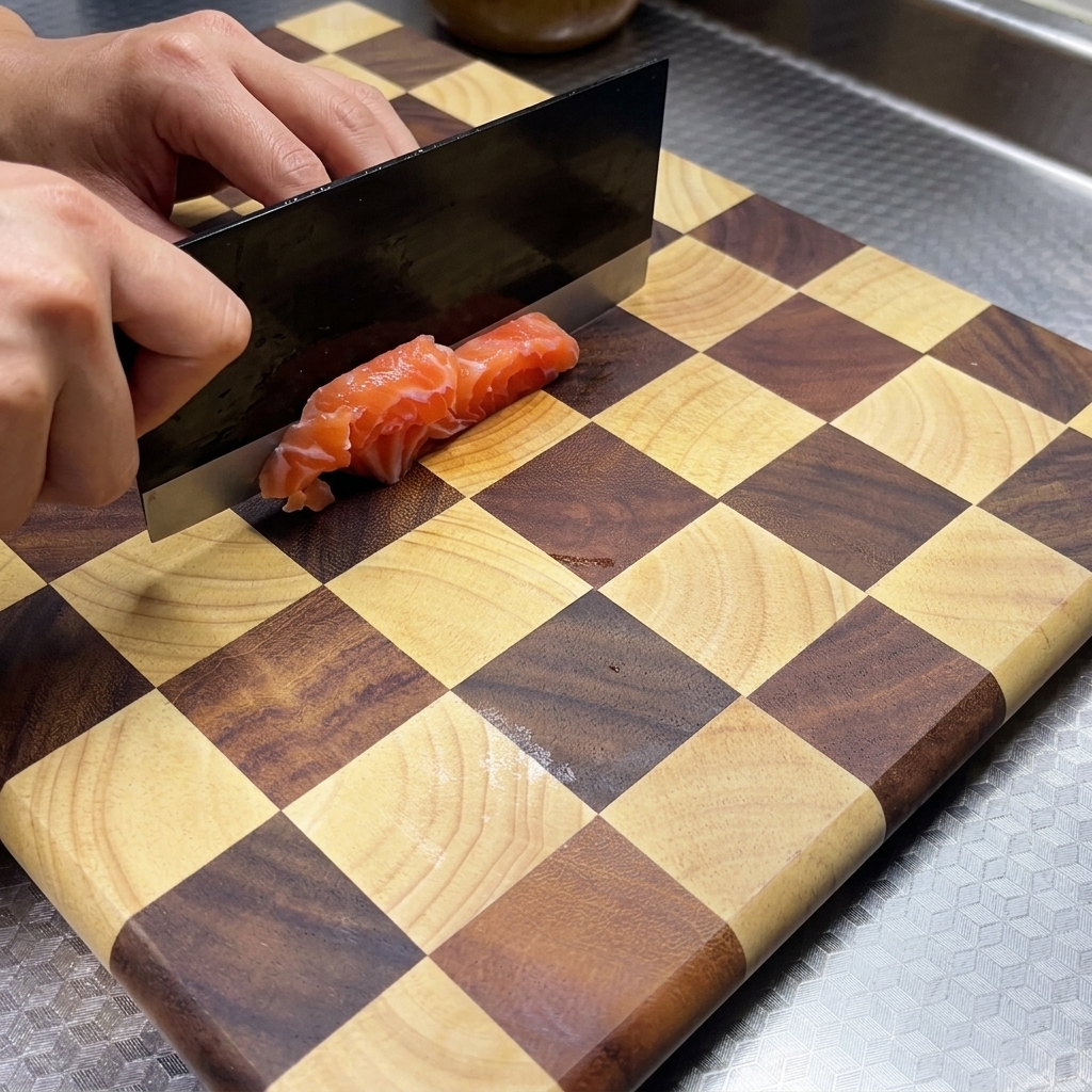 Filetes de salmón siendo cortados en bloques uniformes de 1 centímetro sobre una tabla de cortar de madera a cuadros usando un cuchillo de cocina oscuro.