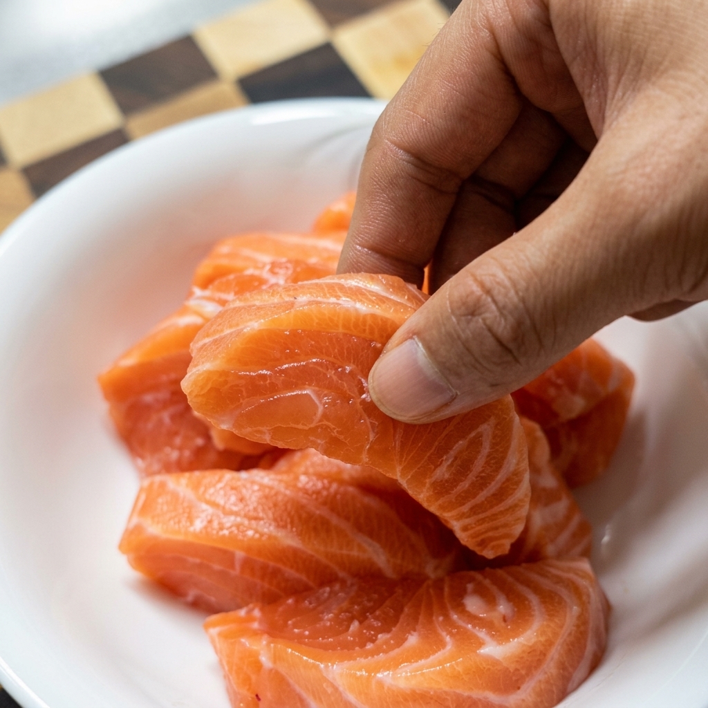 Una mano sosteniendo un trozo de salmón fresco sobre un bol blanco lleno de trozos de salmón que están siendo sazonados con salsa de soja.